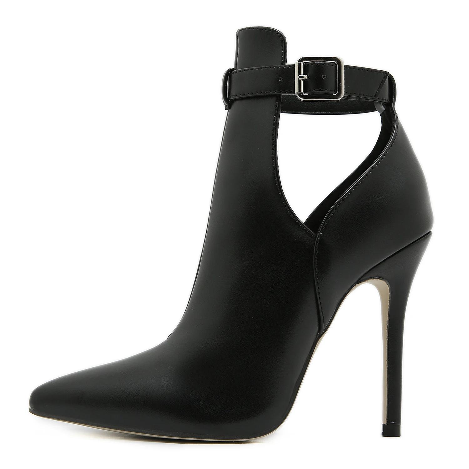 

Осенне-зимняя мода женские короткие сапоги с острым носком, кожаные ботильоны на шпильке, черные, с пряжкой, на высоком каблуке для женщин 35