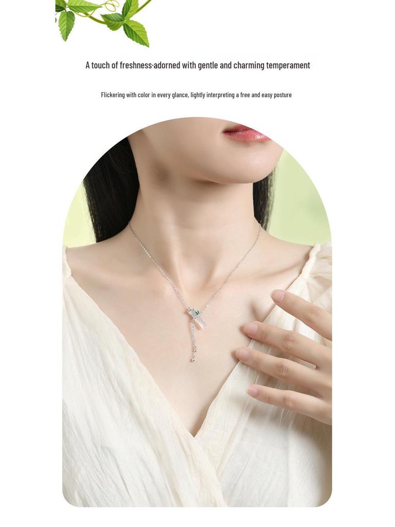 Ferris Wheel S925 Sterling Silver Chalcedony Evergreen Bamboo Necklace - Women's Versatile High-End New Chinese Style Jewelry