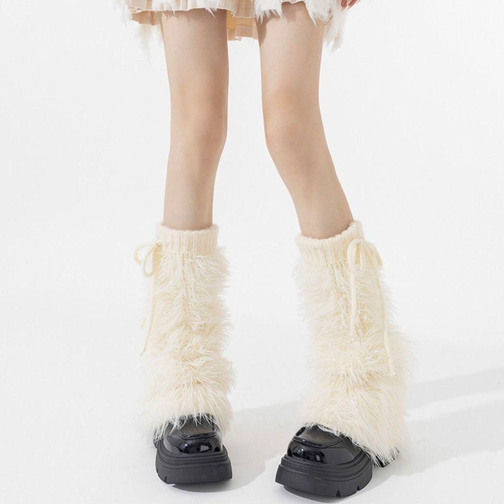 Knitted Furry Leg Warmers Foot Cover Long Stockings Soft Winter Leg Warmers Accessories