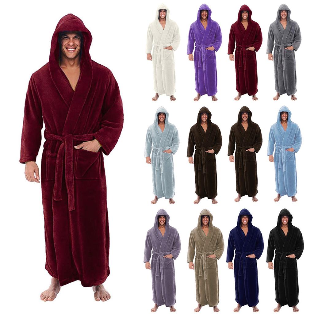 Men's Winter Lengthened Plush Shawl Bathrobe Home Clothes Long Sleeved Robe Coat