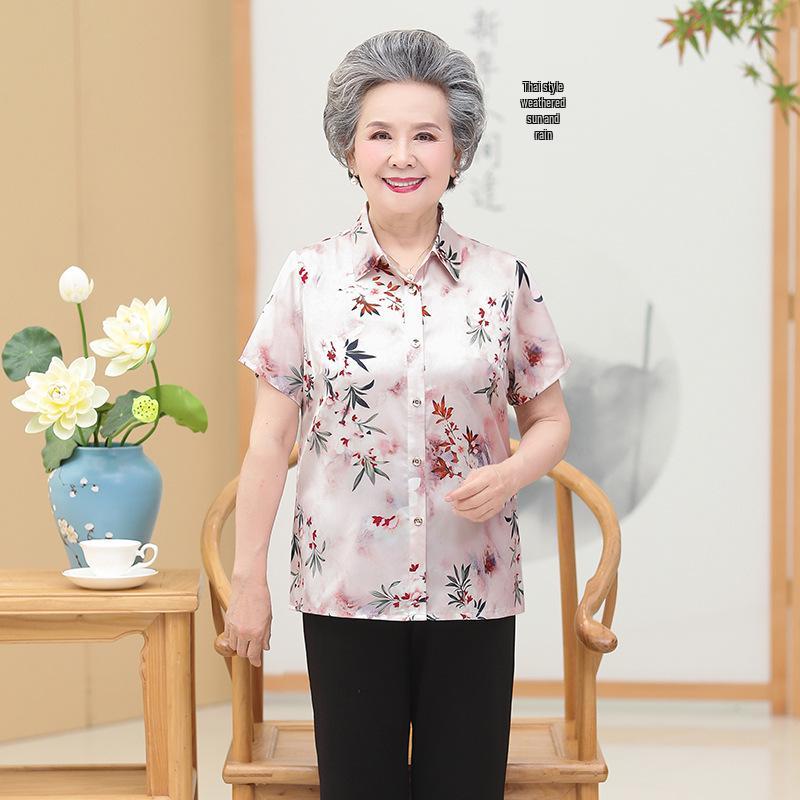 

Elderly Women s Short-Sleeve Mulberry Silk Shirt - Classic Grandma Style 2XL (Recommended 110-120 jin) рожевий