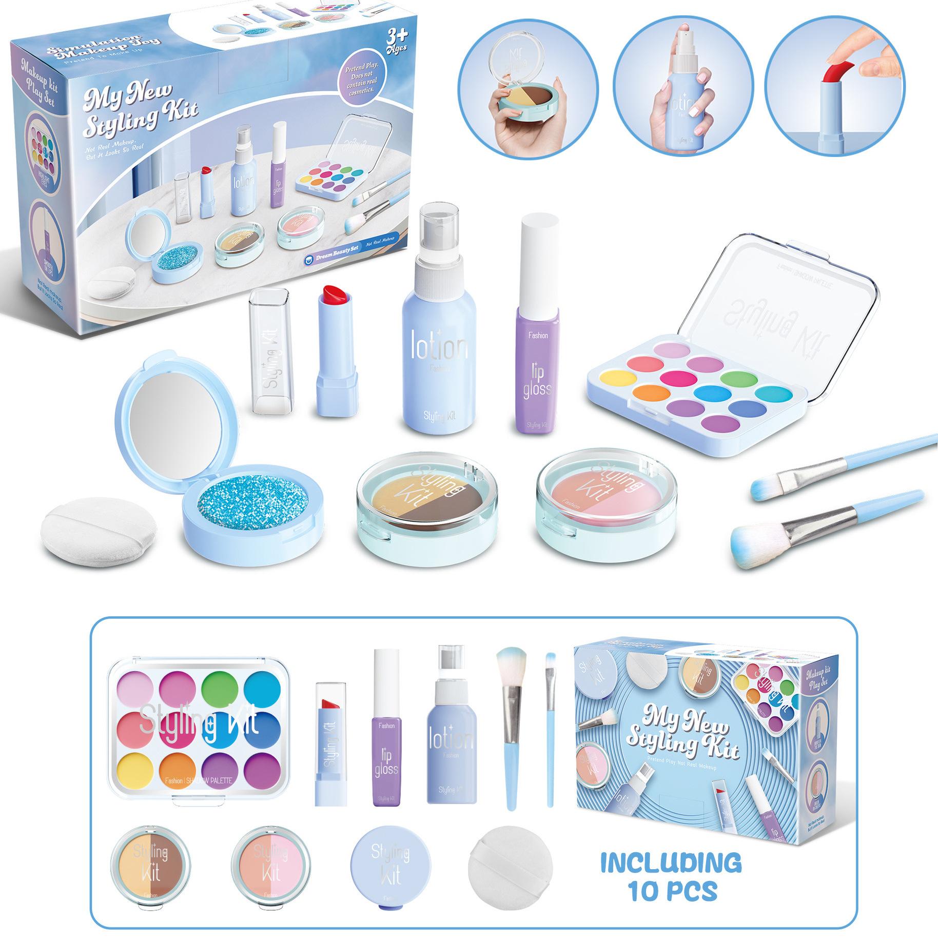 

New Non-toxic Girl Makeup Toy Set Children s Pretend House Simulation Cosmetics Toys with Eyeshadow Palette Lipstick Applicator синій