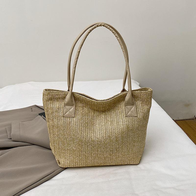 Retro woven contrasting color bucket bag 2025 spring new fashion trend women's shoulder tote bag beach vacation