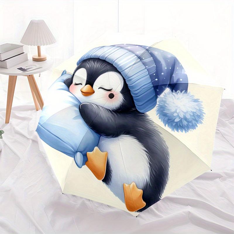 Penguin, Winter Automatic Folding Umbrella Simple Eight Rib Design, Bright Color Pattern, Durable Iron Frame, Ideal for Travel and Outdoor,