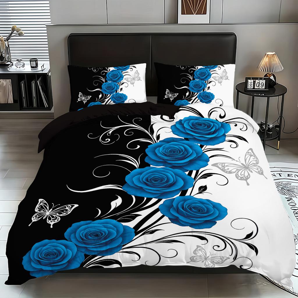 3Pcs Blue Rose Patterned Duvet Cover Set (1 Duvet Cover, 2 Pillowcases, No Filling), White Butterfly Bedding Set, Soft