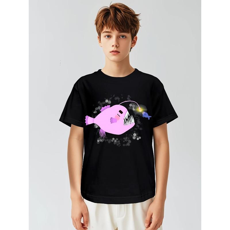 Children Crew Neck Short Sleeve T-Shirt with Anglerfish Print