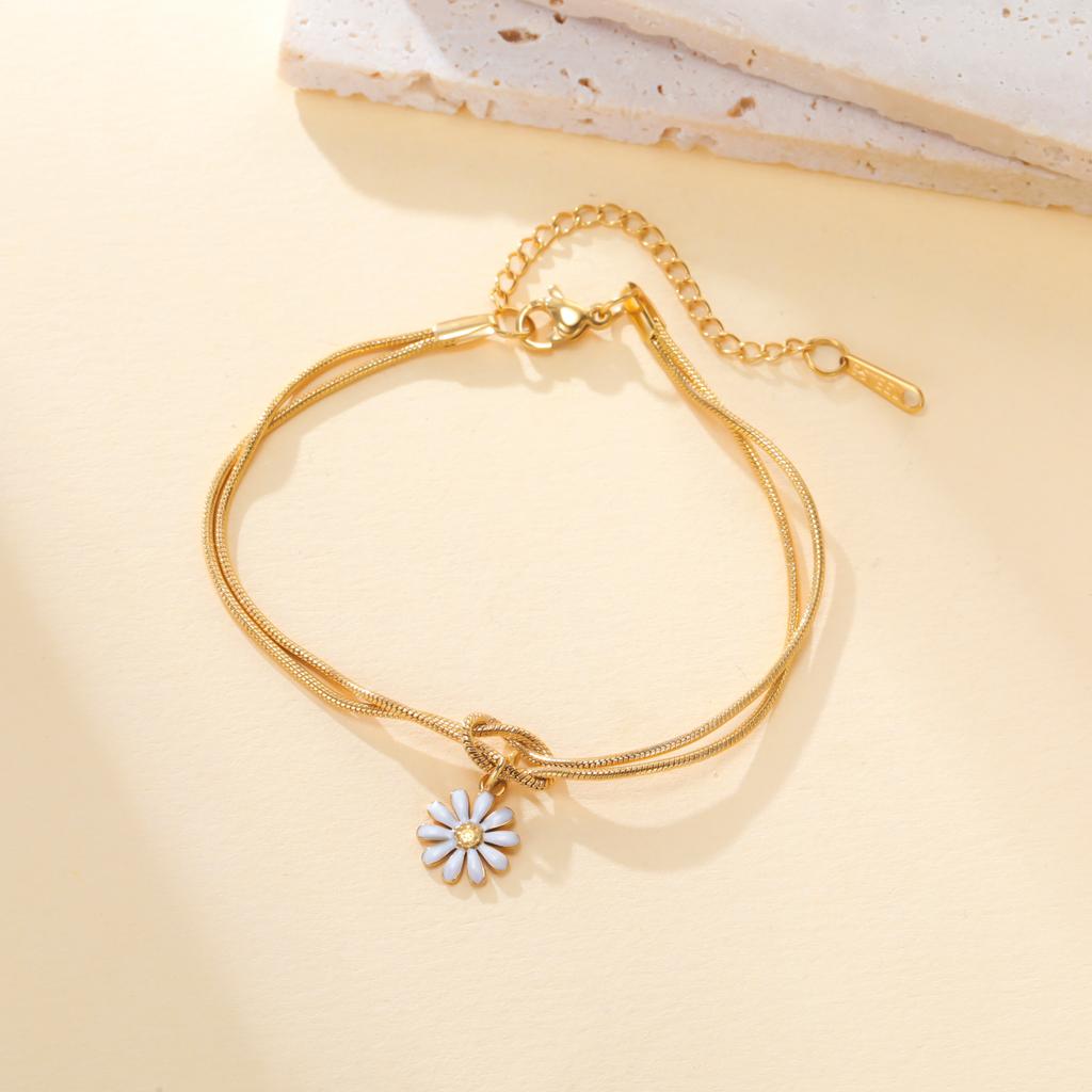 Enamel Daisy Flower Charm Bracelet Gold Color Stainless Steel Adjustable Love Knot Double Snake Chain Women Fashion Jewelry Gift