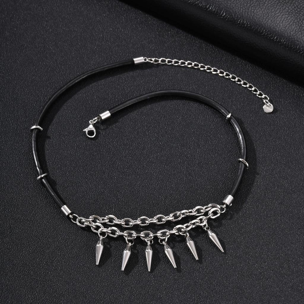Xiaomi Vnox Punk Cone Spike Pendant Necklace for Men, Stainless Steel Black Leather Cord Choker Gothic Layered Chain Daily Jewelry Gift