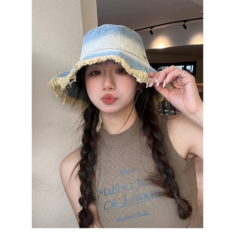New Japanese-style Gradient Frayed Edge Washed Denim Fisherman Hat, Summer Sun Protection Hat for Women, Bucket Hat