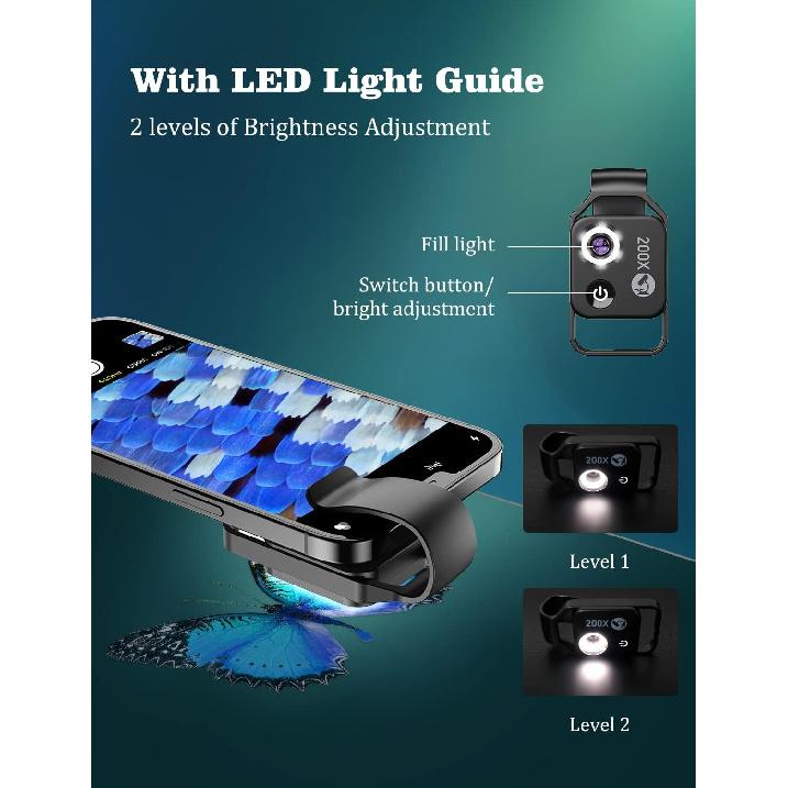 Phone Microscope with CPL Lens/LED Light, Nano Zoom 200X Pocket Microscope Camera Attachment with Universal Clip for Most iPhone/Andriod Phone - The