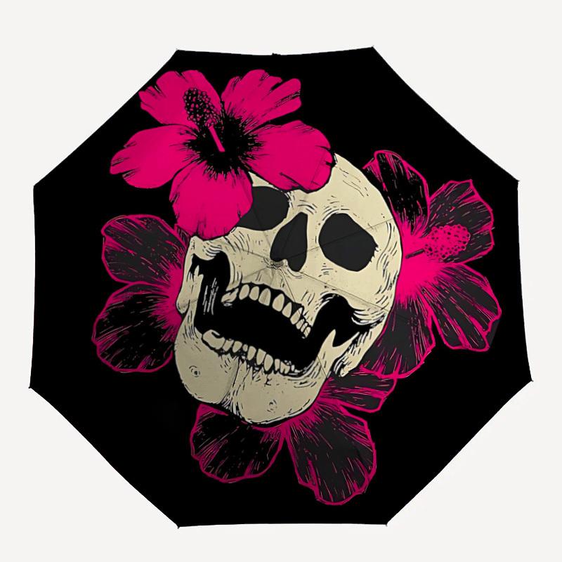 1pc Skull Flowers Automatic Folding Umbrella, 8-Rib Sturdy Canopy, Portable Travel Umbrella for Outdoor Use,093