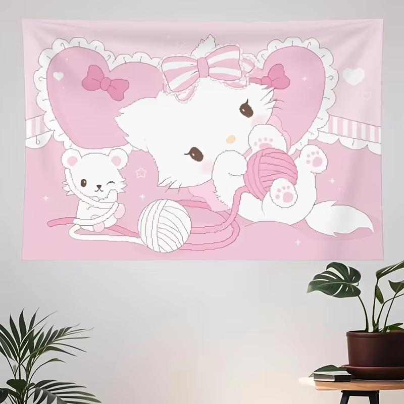 Pink Kitty Mouse Yarn Tapestry 2D Single Print Cute Home Decor Soft Accessory Charming Functional GirlThemed Attractive Durable