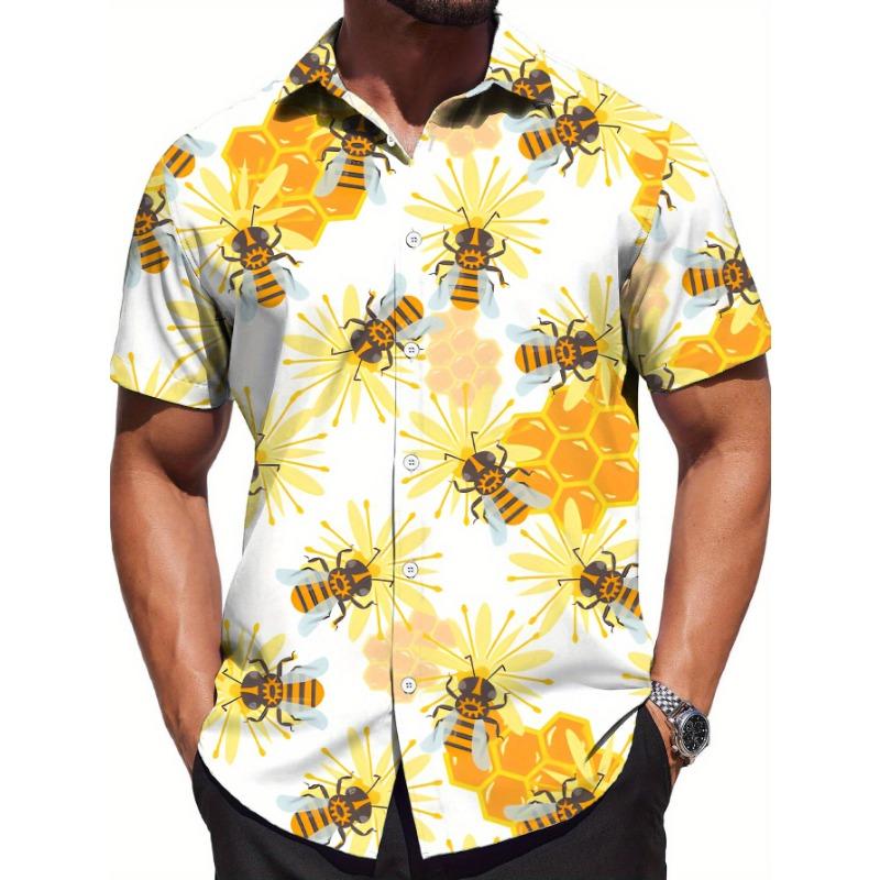 Retro Hawaiian Bee Print Shirt for Men Vacation Casual Short Sleeve Funny Shirts Streetwear Fashion Honey Insect Bee Blouse