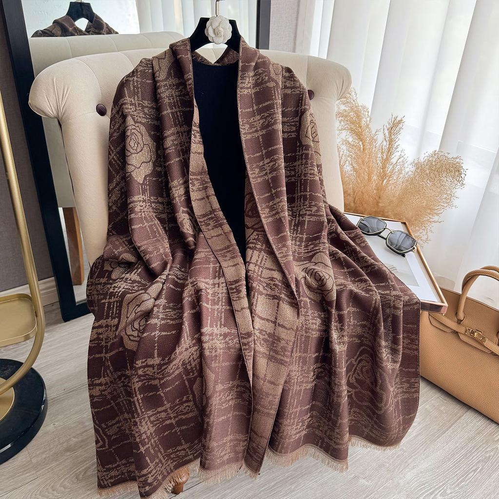 New Shawl Women's Imitation Cashmere with Double-sided Scarf Camellia Fringed Cape