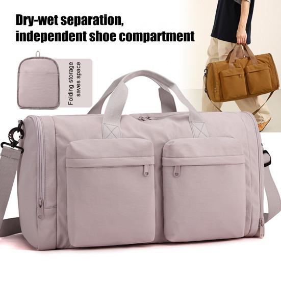Foldable Gym Tote Unisex Duffle Bag with Shoe Compartment Wet Pocket Nylon Weekender Bag for Fitness Travel Swimming
