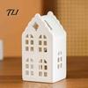 Desktop Artistic Ornament Ceramic House Shape Candle Holder, White Hollow Tea Light Holder Indoor Tabletop Holiday Decor Ornament, Miniature Figurine