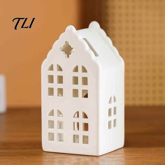 Desktop Artistic Ornament Ceramic House Shape Candle Holder, White Hollow Tea Light Holder Indoor Tabletop Holiday Decor Ornament, Miniature Figurine