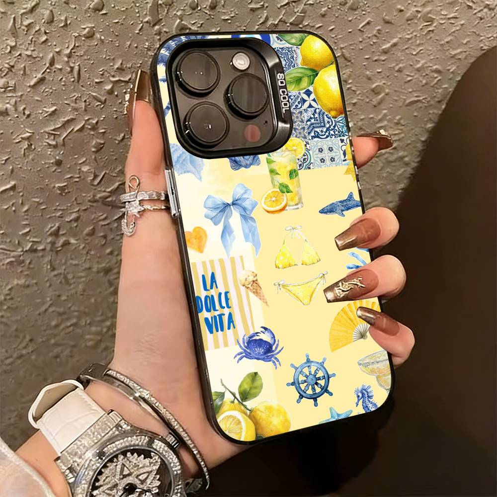 

Ocean Wine Glass Lemon Phone Case For iPhone 17,16,15,14,13,12,11 Plus,Pro Max,XS,Colored Silver Plated Inside Cover iPhone11PROMAX