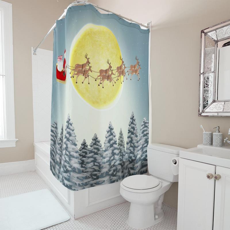Tu Christmas Shower Curtain Santa Claus Reindeer Festive Holiday Bathroom Decor Xmas Gift Cozy Waterproof Fabric Wall Hanging