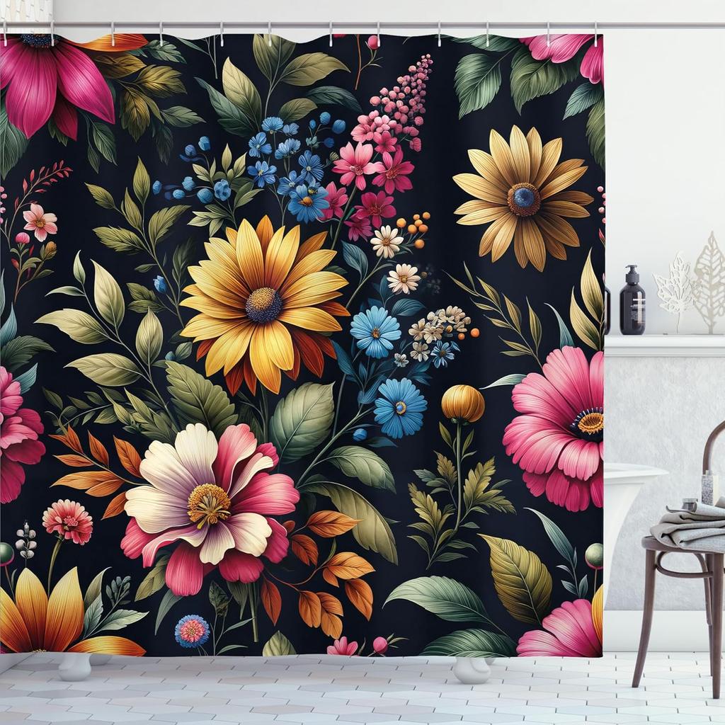 Vintage Shower Curtain, Colorful Art of Spring Flowers and Leaves Dreamy Atmosphere Jungle, Cloth Fabric Bathroom Deco
