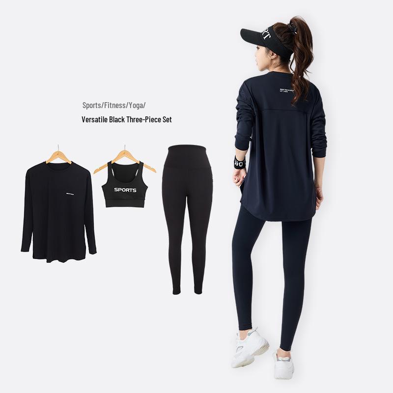 Women's 2026 Three-Piece Yoga Set: Loose Long Sleeve, Tapered Pants, Sporty Letter Vest Fitness Wear