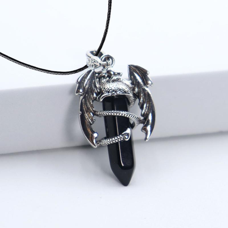 Animal Dragon Man Necklace Natural Gem Stone Healing Pink Quartz Hexagonal Crystal Pendant Vintage Jewelry for Women Gift