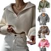 Women Knitting Tops Lapel V-Neck Long Sleeve Solid Color Sweater Loose Fit Warm Knitting Tops Knitwear