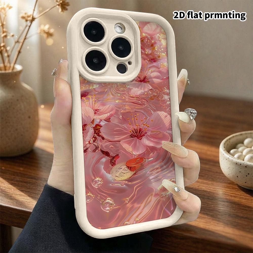 Phone Case: 2D Flat Design Suitable for iPhone 18 17 16 15 14 13 Pro Stepped Protective Case, Cherry Blossom Water Glow, Halloween Gift