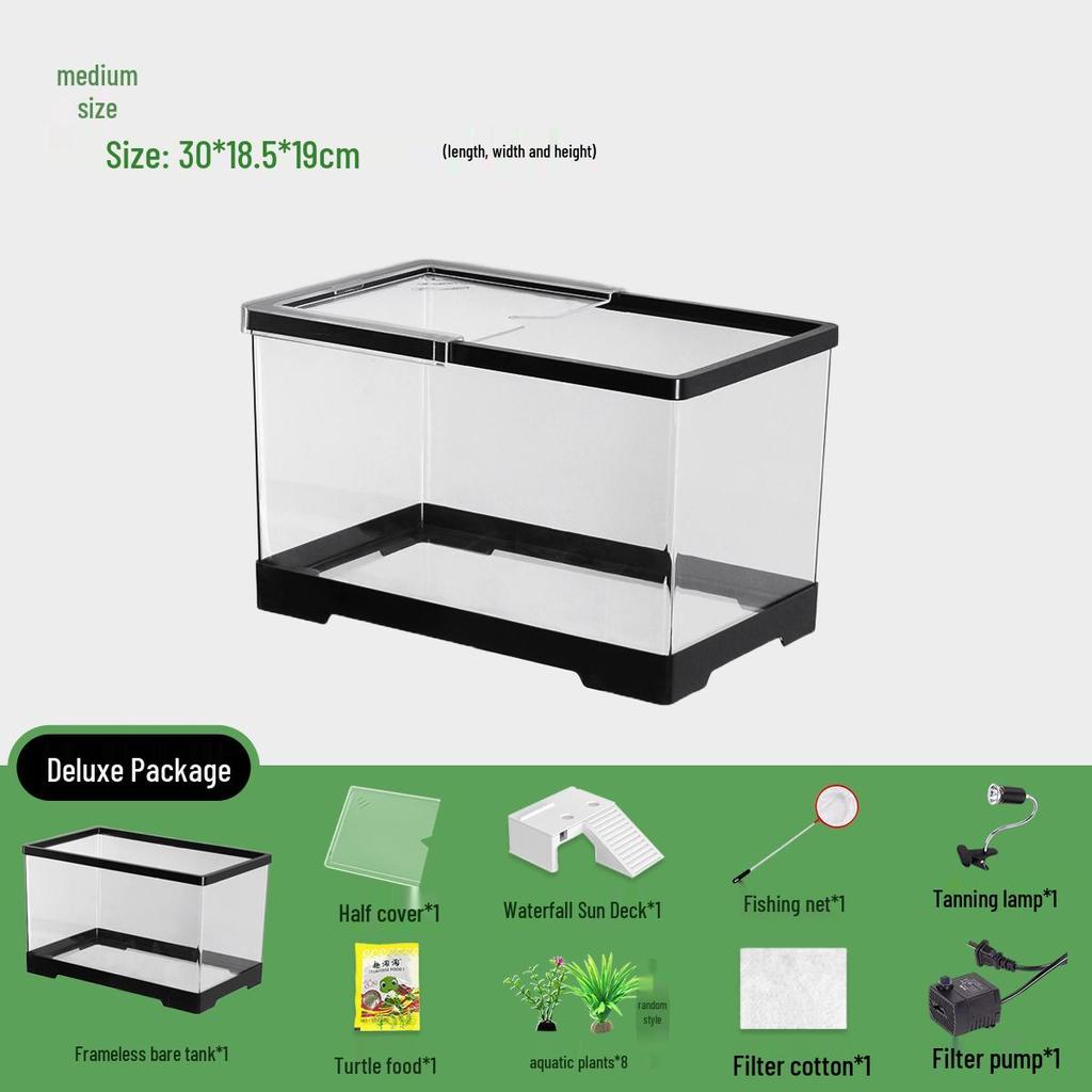 Acvariu Compact pentru Broaște Țestoase cu Platformă de Soare - Habitat Elegant de Birou cu Capac pentru Afișare Ecologică în Sufragerie