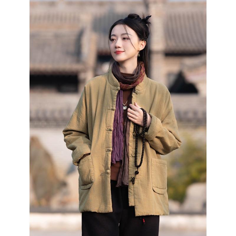 25 Winter New Cotton and Linen Women's Chinese Retro Stand-up Collar Buckle Padded Jacket Women's Padded Thickened Zen Ramie Cotton Jacket