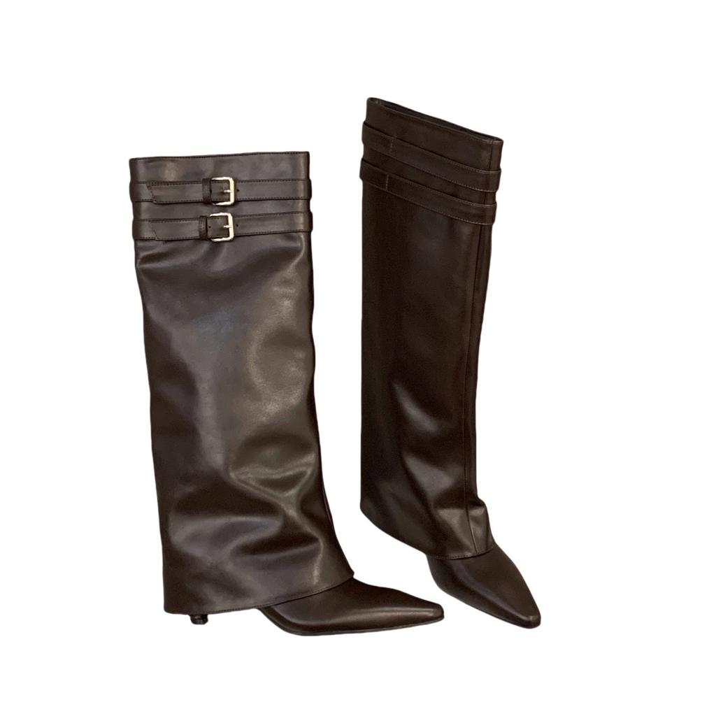 Pointed high-heeled brown Maillard medium boots women's shoes 2025 new spring and autumn winter trousers long tube knight boots