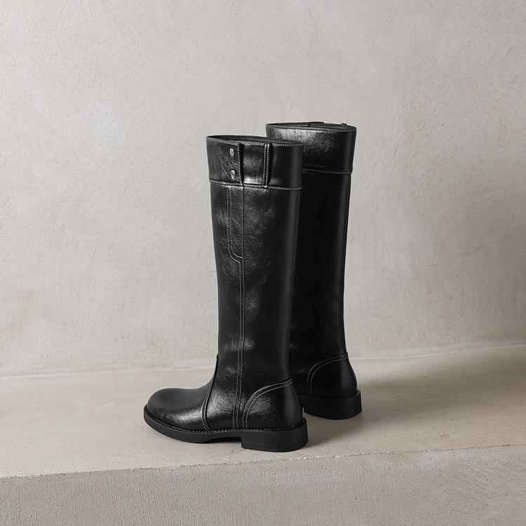 Retro braune runde Zehenpartie aber Knie Ritterstiefel Damen Herbst und Winter neu 2025 Mode Leder dicker Absatz hohe Stiefel