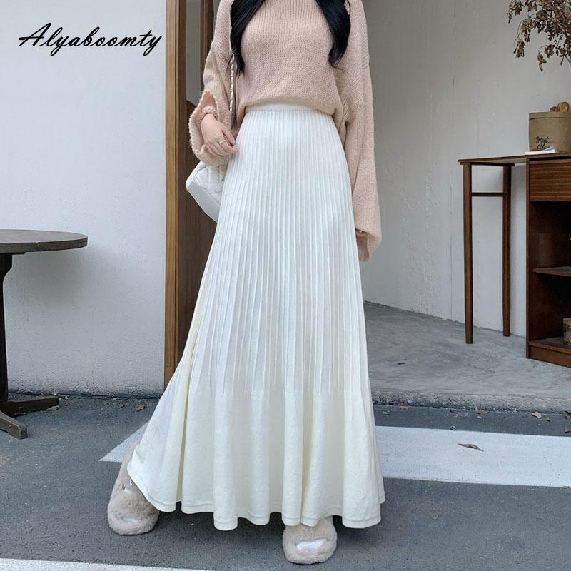 Korean Fashion Autumn Winter Women Maxi Long Skirt High Waist Black Beige Grey Knitting Skirt Elegant Feminine Pleated Skirts Womens