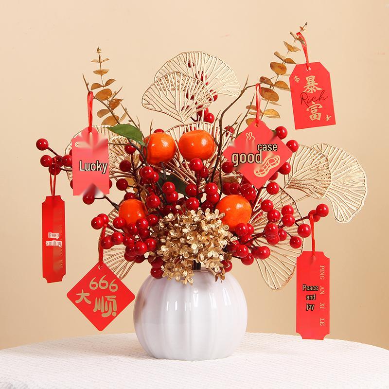Luxurious Chinese-Style Pomegranate Fruit Arrangement: Faux Red Berries & Flowers for Living Room or Restaurant Decor