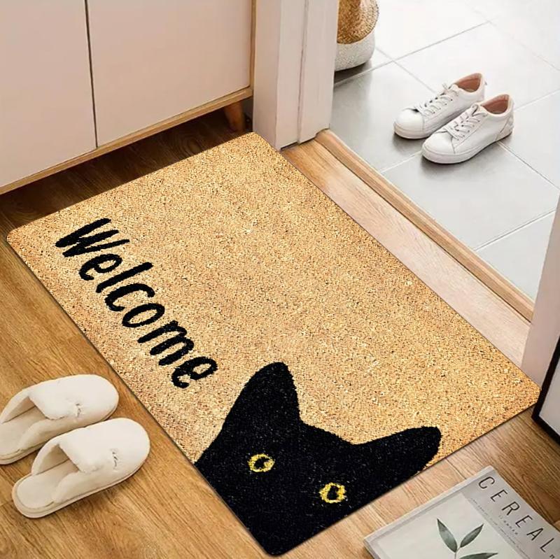 Cute Cat Welcome Door Mat Funny Cartoon Black Cat Letter Print Design Entryway Rug Soft Non-slip Entrance Carpet for Front Door