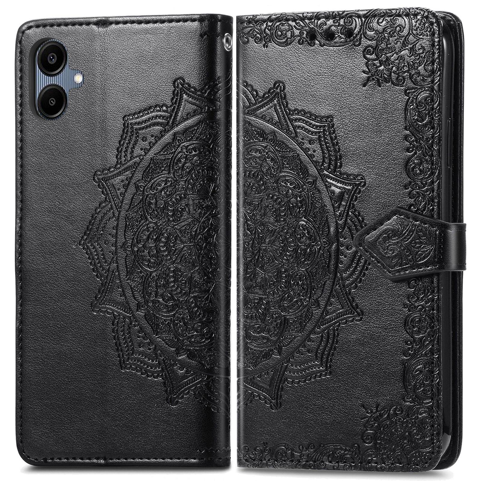 

For Samsung Galaxy A06 4G Case Mandala Embossed Design Leather Wallet Phone Cover Black
