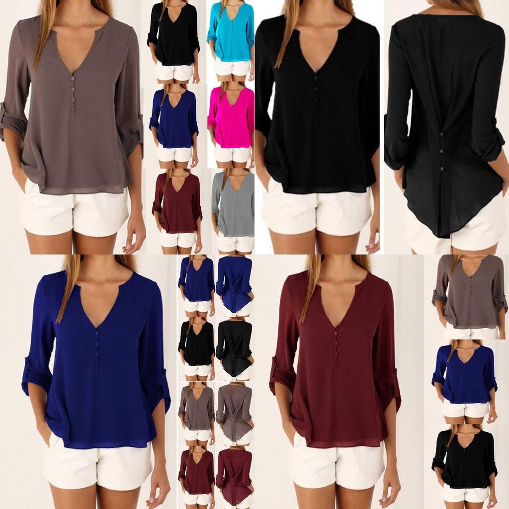 Elegant V Neck Long Sleeve Chiffon Blouse For Women In Six Chic Colors And Sizes S To 5xl