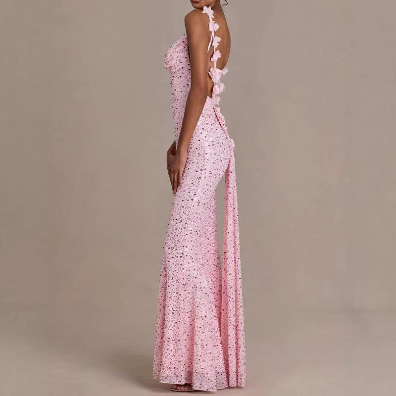 2026 European and American cross-border celebrity dress sequined bead tube suspender fishtail skirt dinner party backless slim dress