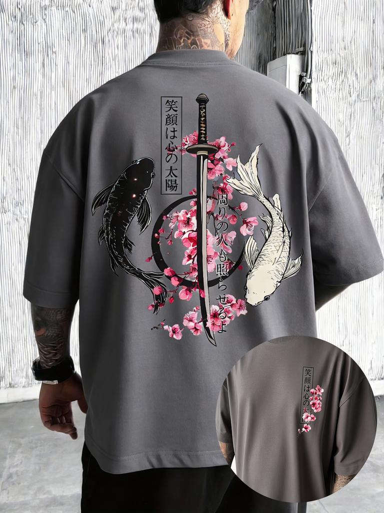 2026 Summer New Design Japanese Yin-Yang Carp Fish and Samurai Sword Pattern High-Quality Comfortable Casual Print Men's T-Shirt