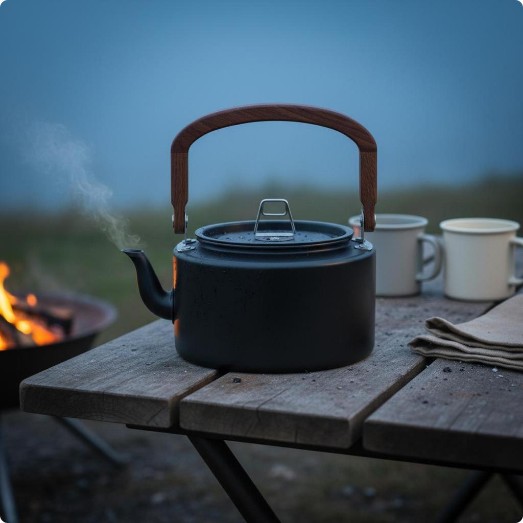 Aluminum Camping Kettle HardAnodized Portable Teapot Wooden Handle Lightweight Outdoor