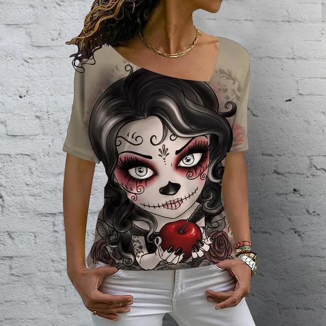 Summer V-neck 3D Skull Rose Print Top Fashionable Casual Short Sleeved Women's T-shirts