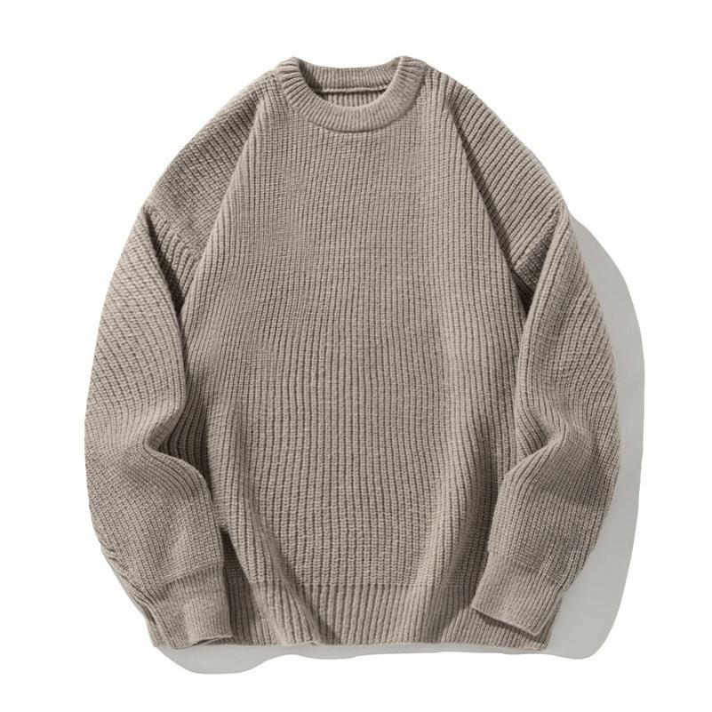 Solid Color Lazy Style Thick Needle Heavy Round Neck Sweater Men's Autumn and Winter Trendy Brand Retro Sweater Loose Casual Jacket