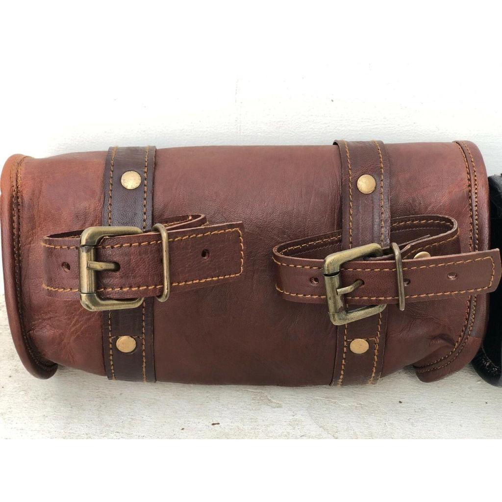 Motorcycle Side Pouch Bag Brown Black Leather Round Pouch Saddle Bags Panniers