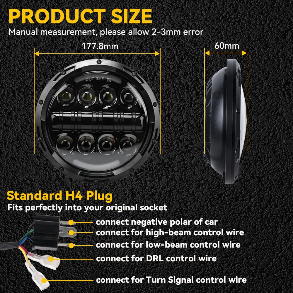 Universal 7 Inch Led Car Motorcycle Headlight DRL H4 Headlamp For Harley BMW Yamha Honda 7" Headlight