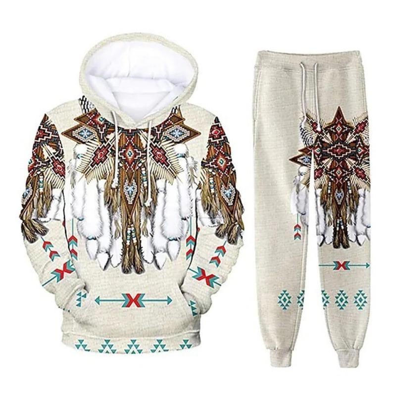 Indian Ethnic Style 3D Print Hoodies Pants Sets Men Fashion Sweatshirts Hoodie Sweatpants Two Piece Suits Tracksuit Man Clothing