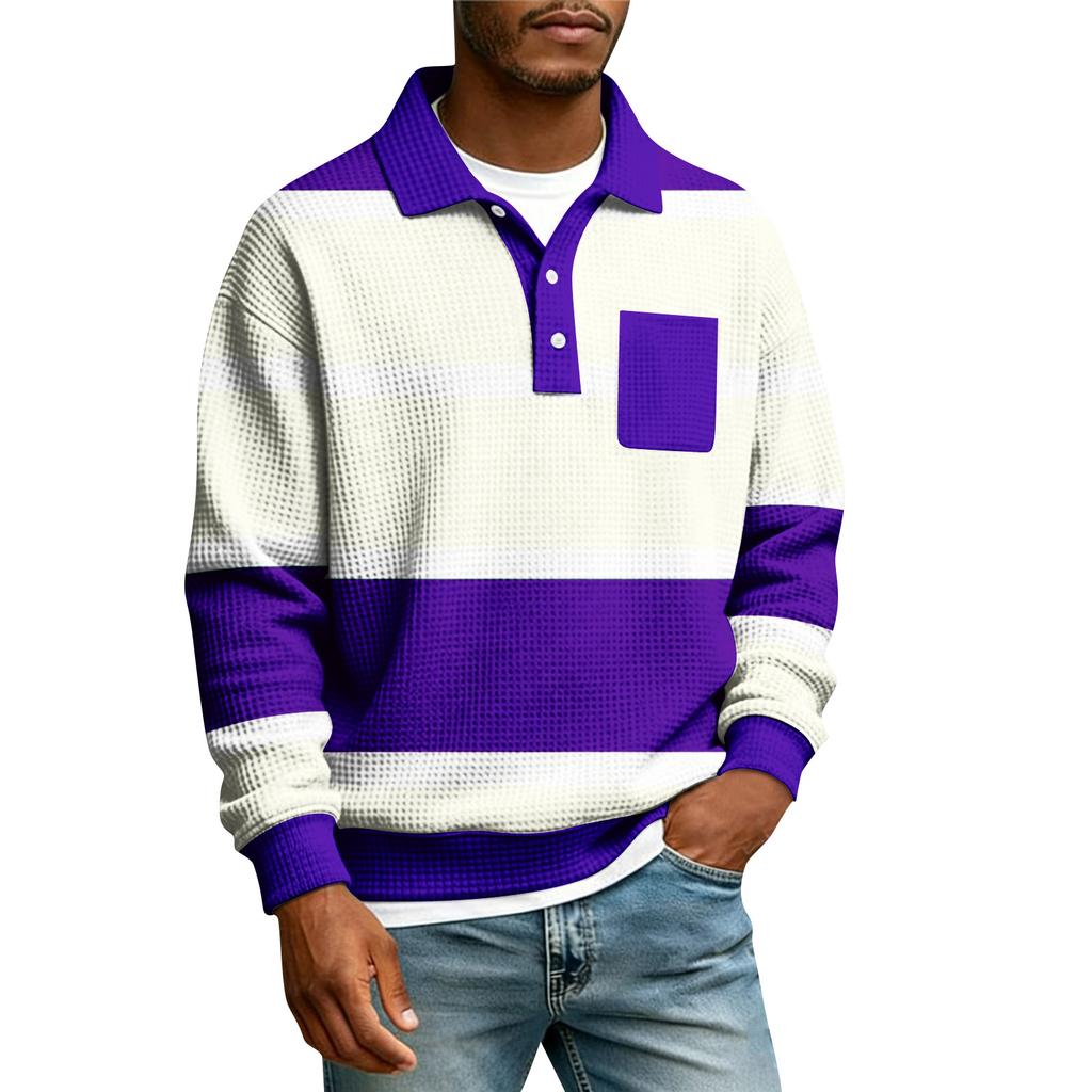 Men's Striped Single Breasted Long Sleeved Shirt With Collar And Pockets  Casual Sports T-shirt