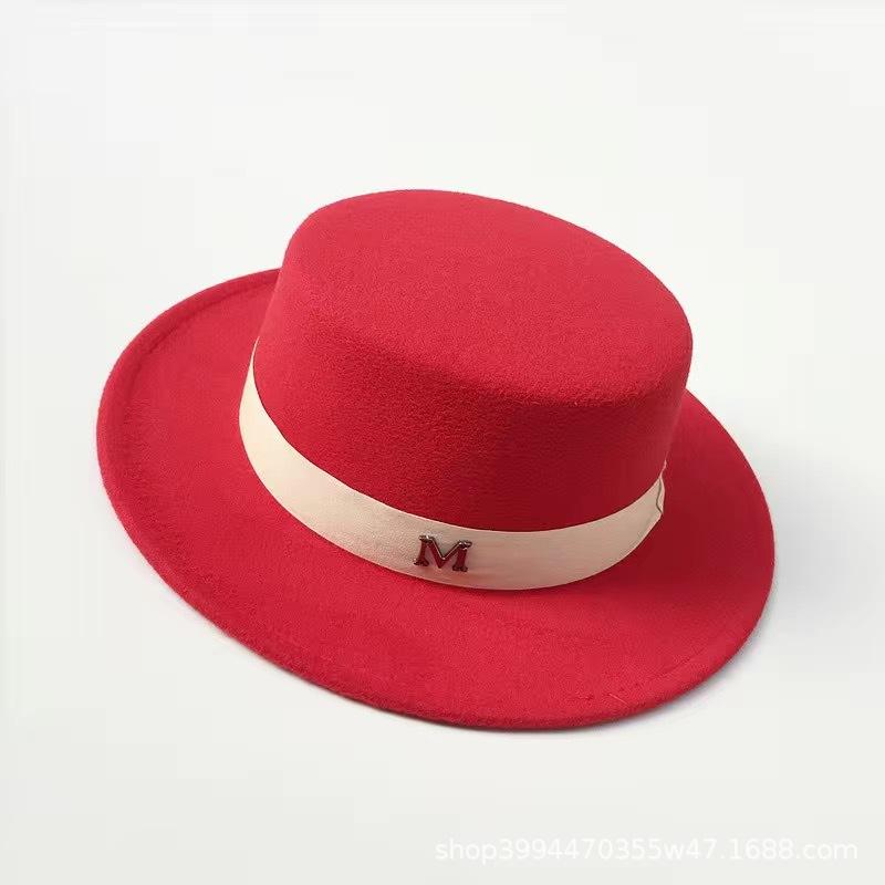 Retro British Style White Ribbon Flat Top Top Top Hat Couple Men and Women Gentleman's Hat Spring and Autumn Large Flat Brim Woolen Thermal Hat