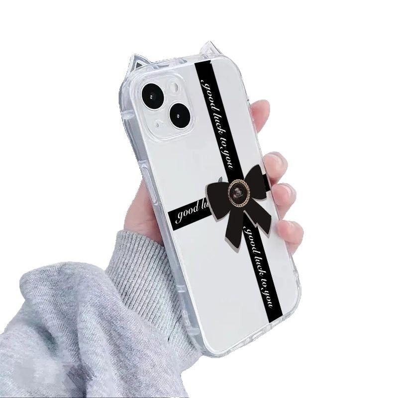 Light Luxury Black Bow for iPhone17 Cat Ears Mobile Phone Case Apple 16/15 Transparent Air Personality 14 Soft