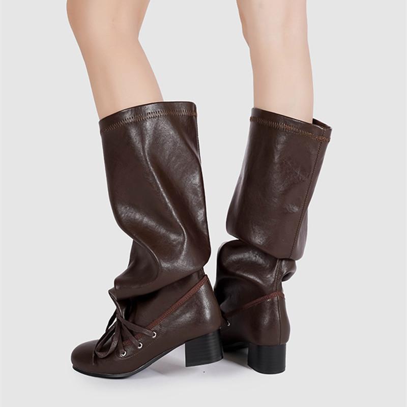 Ins style Fashion Round toe Soft Leather Pleated Women Knee-high Boots Autumn Winter Thick Heeled Casual Punk Knight Boots Shoes