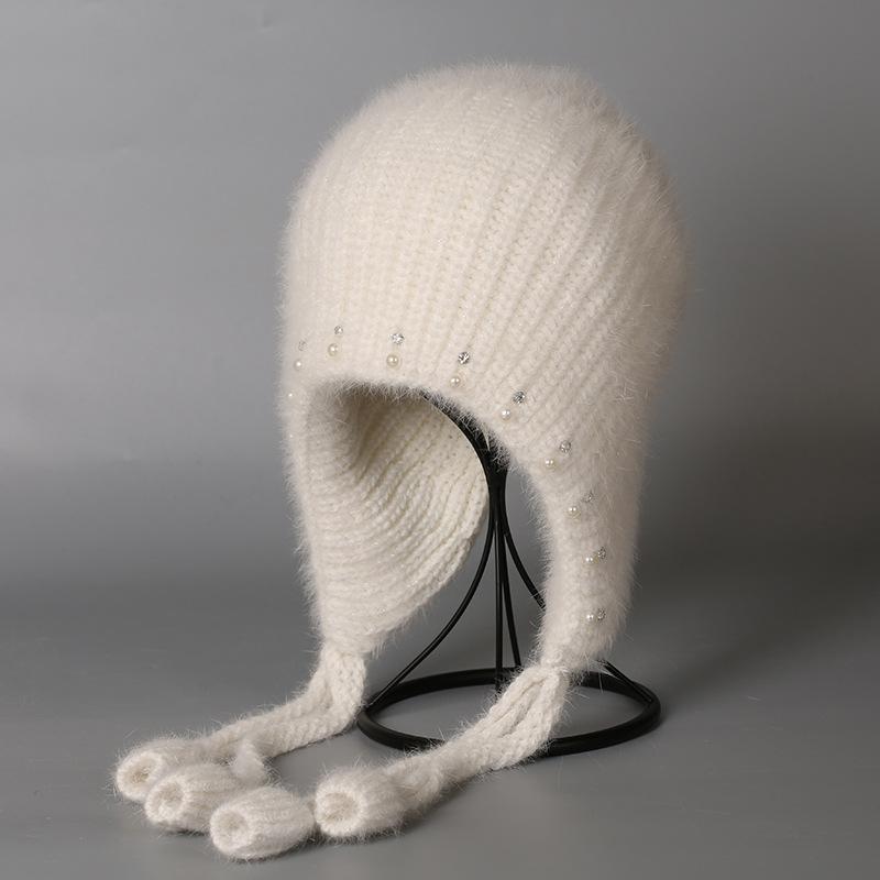 Autumn and winter new women's rabbit fur hat pearl hemming thickened knitted hat cold neck protection women's hat